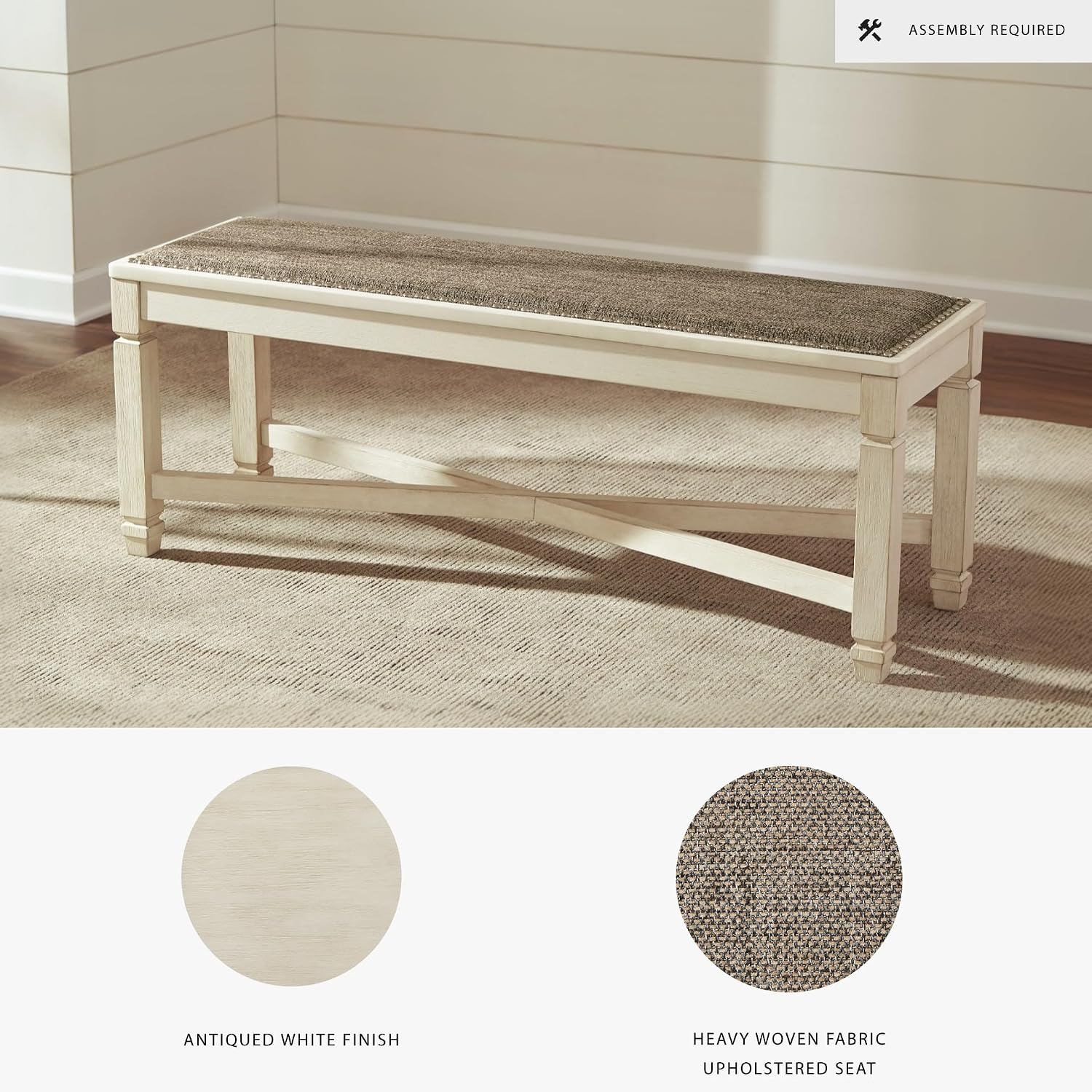 Signature Design by Ashley Bolanburg Casual French Country Upholstered Dining Room Bench with Nailhead Trim, Heavy Woven Fabric, Wood, Antique White & Tan